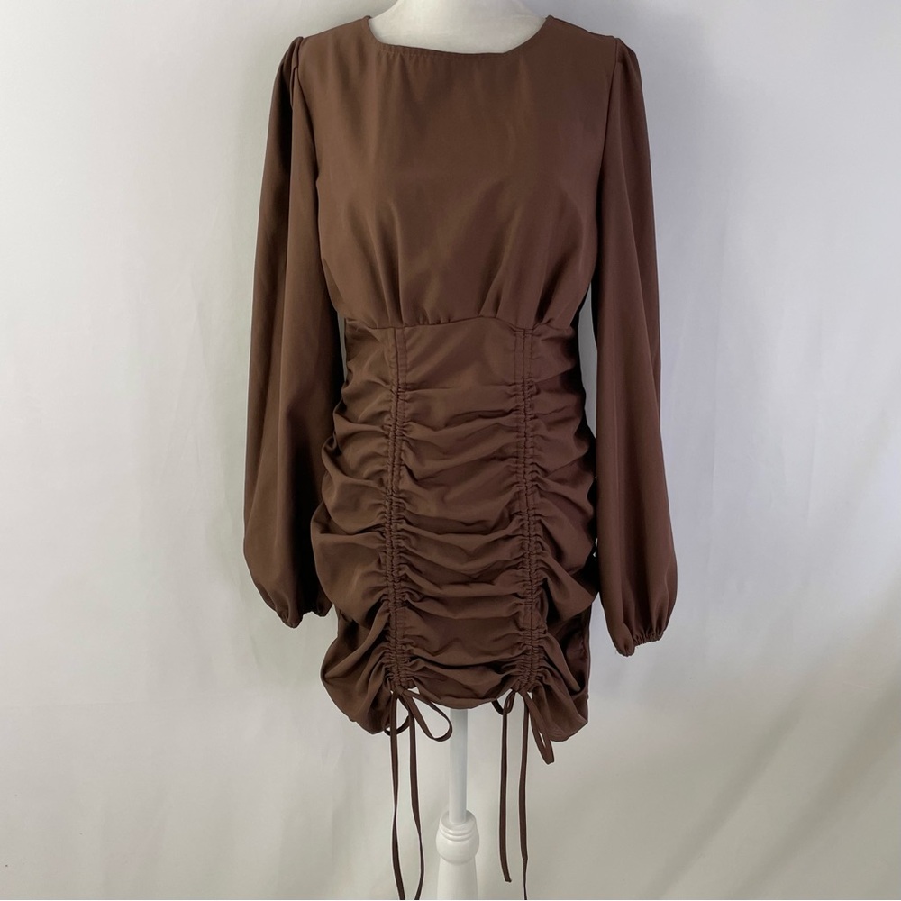Pretty Little Thing Ruched Long Sleeve Bodycon Mini Dress Chocolate Brown Size 6 - Picture 5 of 16